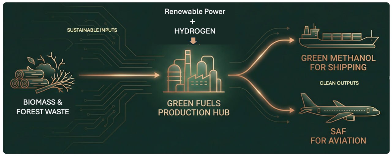 Sustainable inputs → Methanol for shipping → SAF for aviation